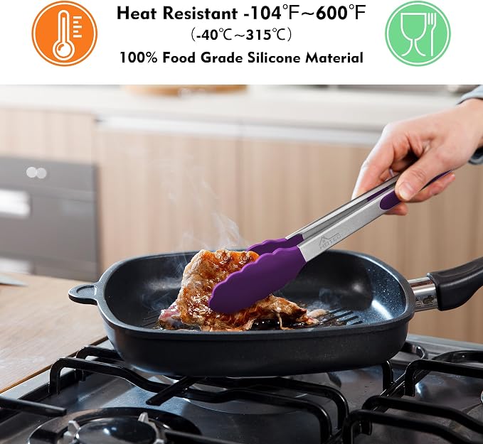 HOTEC Premium Stainless Steel Locking Kitchen Tongs with Silicon Tips, Set of 2-9" and 12" (Purple) - Image 2