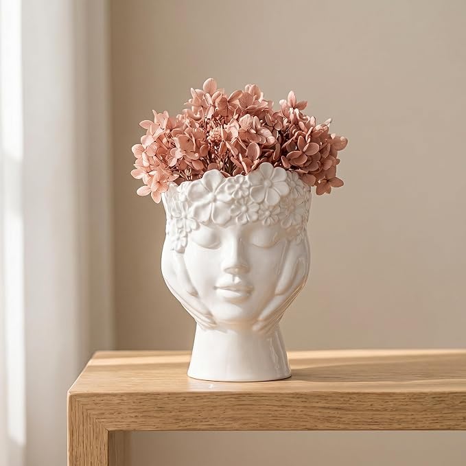 White Glossy Ceramic Face Vase, 6.3" Goddess Head Sculpture Vase with 3D Floral Crown, Modern Boho Decorative Flower Vase for, Cute Home Decor Accent for Bedroom Vanity Desk Shelf by Romehaha