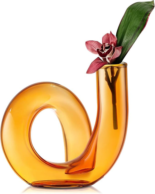 Joeyan Handmade Small Amber Glass Flower Vase,Decorative Geometric Glass Bud Vase for Modern Home Centerpieces Living Room Office,4.72" Abstract Vase for Single Flower and Dry Flowers by JoeyanHousehold