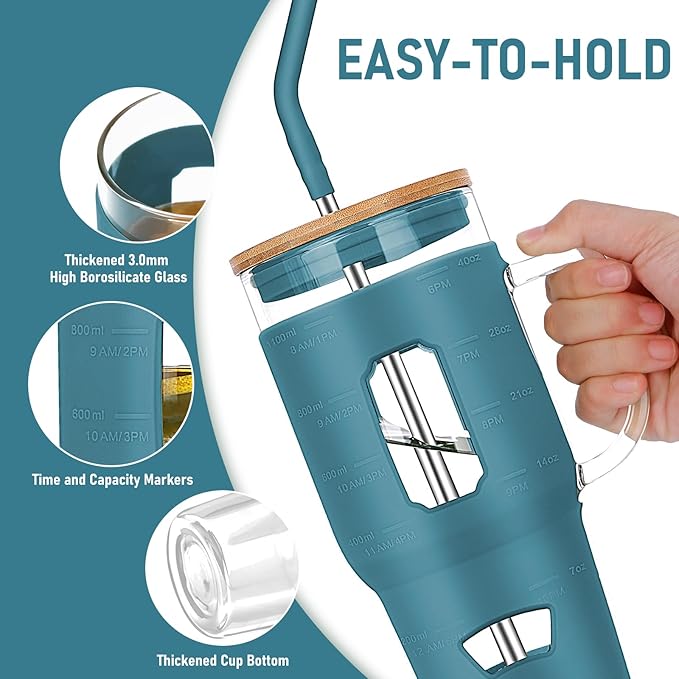 Glass Cups with Handle and Bamboo Lids - 40oz Tumbler with Stainless Steel Straw | Glass Water Bottle with Silicone Sleeve for Coffee, Smoothi, Hot, Cold Drinks for Travel/Office/Home (Dark Blue)