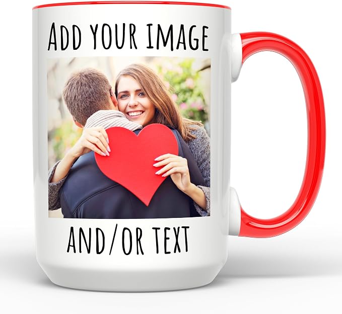 Personalized Coffee Mug 15 Oz, Custom Picture Text or Logo Ceramic Mug, Customized Gift for Men & Women, Taza Personalizada with Photo and Words, Customizable Large Tea Cup | White - Red by Giftbees