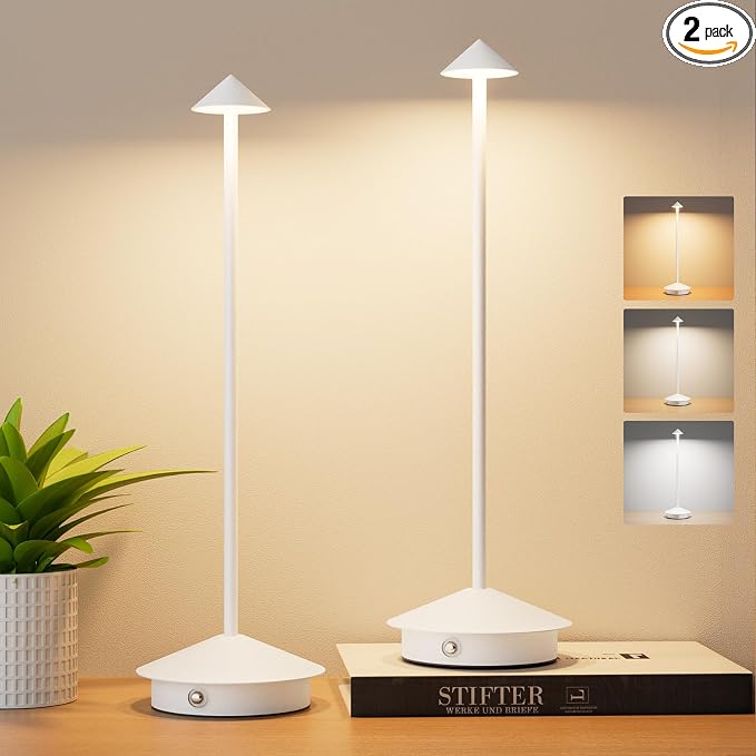 Cordless LED Table Lamps,Portable Battery Desk Lamp,2 Pack,White | 6000mAh Rechargeable,3000K/4500K/6000K Touch Stepless Dimming,Aluminum IP54 Waterproof Wireless Lighting for Outdoor/Indoor by Aoceley