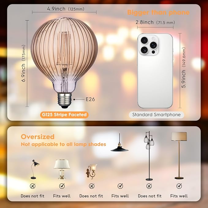 G125 LED Filament Bulb,4W Dimmable E26,2200K Amber Glass,1 Pack | Decorative Oversized Edison Bulb, Squirrel Cage Filament, Dim, For Indoor & Outdoor Cafe, Hotel, Kitchen & Dining Room Decor - Image 2