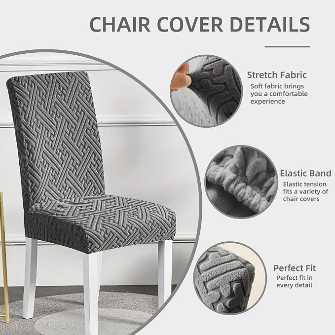 Chair Covers Set of 6,Removable Stretch Jacquard Chair Protectors,Dark Grey | Cat Scratch Resistant Chair Covers for Dining Chairs, Removable Chair Protectors for Dining Room, Kitchen, Hotel, Ceremony - Image 2