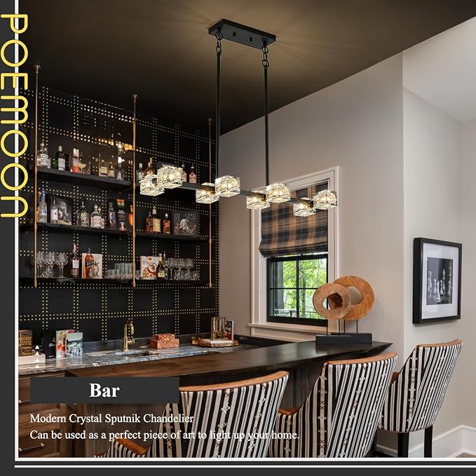 Black Gold Crystal Chandelier Modern 8-Light Sputnik Ceiling Pendant Lights L 31.5" Industrial Adjustable Hanging Light Fixture for Dining Room Kitchen Island Living Room Bar Over Table - Image 2