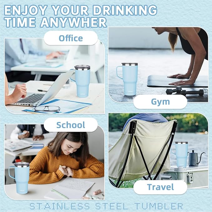 20 oz Insulated Coffee Mug with Ceramic Coating, Stainless Steel Travel Mug Tumbler with Handle Lid and Straw, Double Wall Leak-Proof Coffee Travel Mug Keeps Drink Hot and Cold (Sky Blue) - Image 7