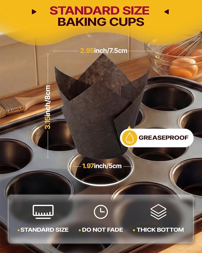 Katbite Tulip Cupcake Liners 200PCS, Muffin Baking Cups Holders, Coffee | Cupcake Wrapper for Party, Wedding, Birthday, Greaseproof Baking Cups Holders for Home Muffin Making, Food Grade Paper - Image 3