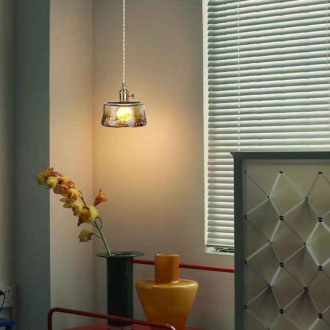 Sedelan Galss Pendant Light, Vintage Pendant Lights Kitchen Island Adjustable Tea Color-Amber Hanging Light Fixture for Living Room Dining Room Bedroom E26 - Image 3