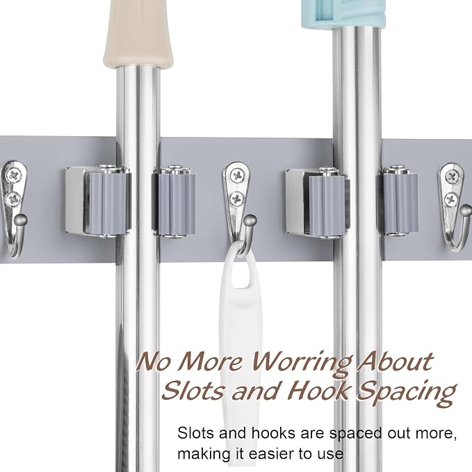 OUTNILI Gray Mop Broom Holder Wall Mount with 4 Slots & 4 Hooks - Wood Broom Mop Hanger for Pantry Closet Laundry Room Organization - Heavy Duty Garden Tool Organizer - Image 4