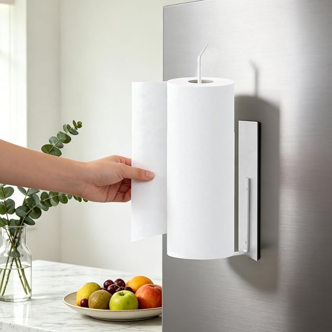 Paper Towel Holder Magnetic, Magnetic Paper Towel Holder for Fridge, Toilet Paper Roll Holder Magnet Towel Rack Wall Mount Shelf Bar for Towels Rolls Bathroom RV Dorm Kitchen Wall Decor, White 2 Pack - Image 2
