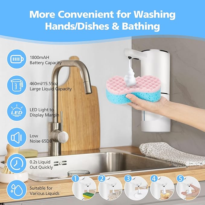 Automatic Foaming Soap Dispenser Touchless, 15.55 oz/460mL USB C Rechargeable Hand Sanitizer Dispenser with Auto Clean, 5 Adjust Volume,°C&℉ display, Waterproof Pump for Bathroom Kitchen (White)