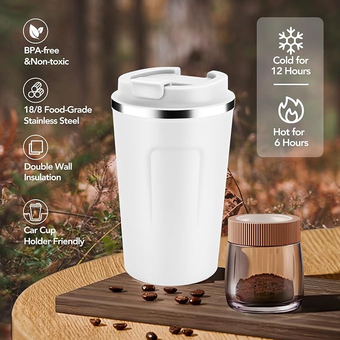 Volhoply 12 oz Double Wall Insulated Vacuum Travel Coffee Mugs with Flip Lid Bulk 2 Pack,Reusable Stainless Steel Leak Proof Coffee Cup,Portable Thermal Tumbler for Cold & Hot Drinks(Assorted,2 Set) - Image 5