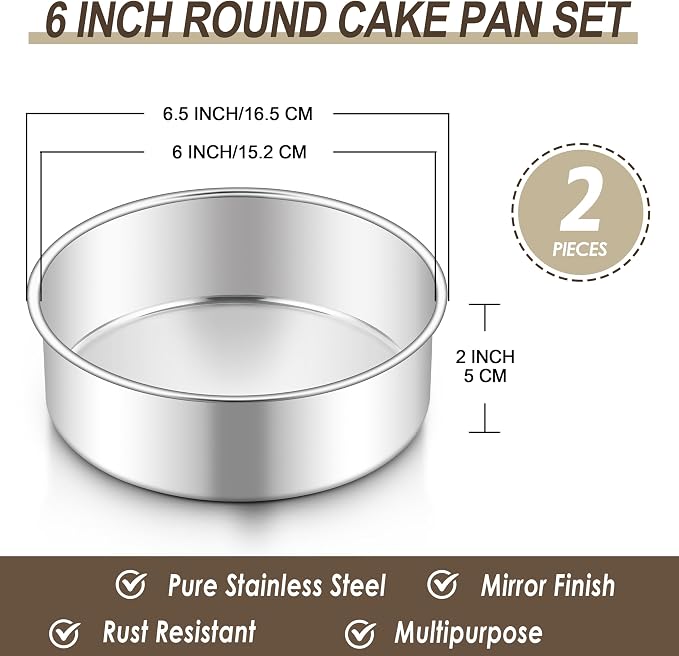 Homikit 6 Inch Cake Pan Set of 2, Stainless Steel Round Cake Pans, 2” Deep Small Nonstick Layer Cake Tins Baking Pan for Wedding Birthday Baby Shower Party, Mirror Finish & Dishwasher Safe - Image 2