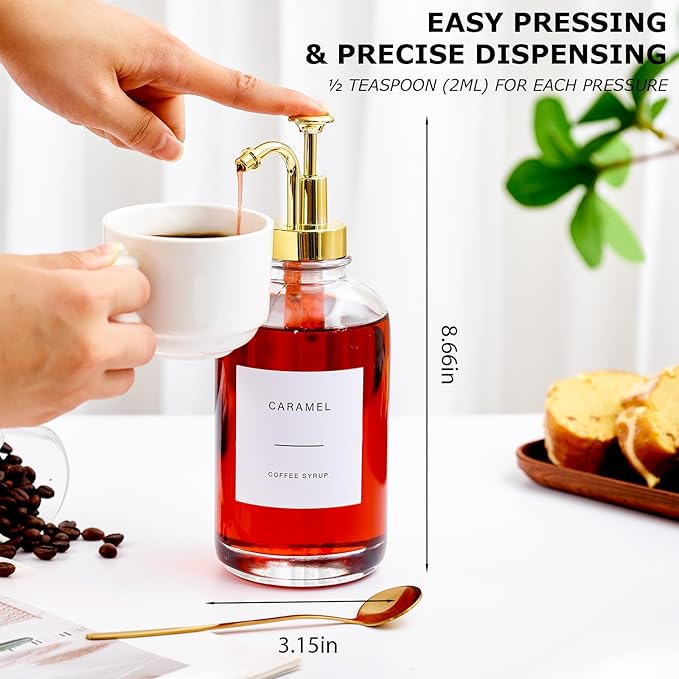 Coffee Syrup Dispenser for Coffee Bar, Glass Syrup Dispenser with Pump, Coffee Syrup Pump Dispenser Bottle with Tray, Spoon for Coffee Station, Coffee Bar Organizer, Black,16.9 oz, 500 ml