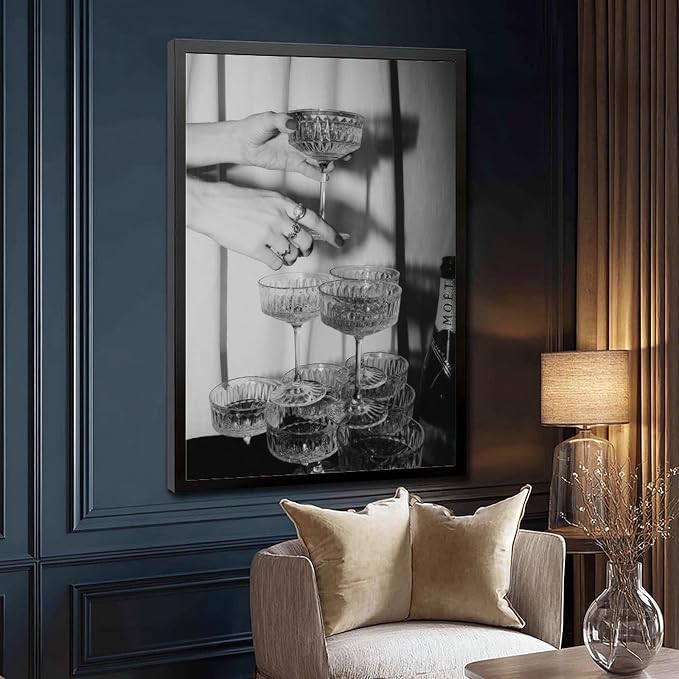 Champagne Glasses Wall , Black And White Art, Wine Glasses Poster, Bar Cart , Cocktail, Retro Photography, Bar Wall Decor Canvas Poster Wall Art Decor Print Picture Paintings for Living Room Bedroom D - Image 3