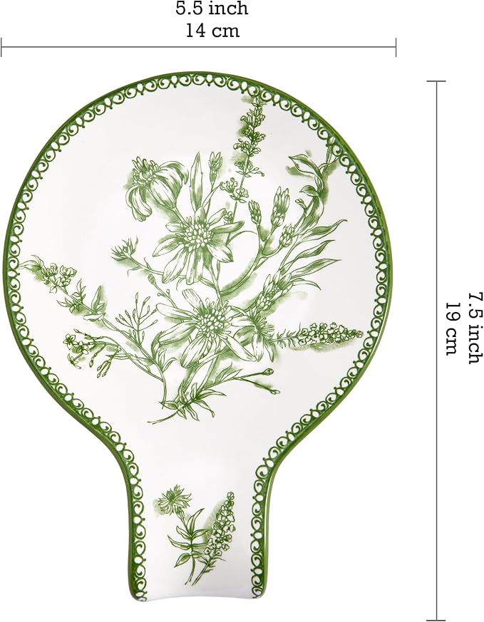 Bico Green Garden Toile De Jouy Spoon Rest for Stove Top, Ceramic Spoon Holder for Kitchen Counter, Easy to Clean Coffee Spoon Rest Dishwasher Safe, Kitchen Cooking Utensil Rest for Ladles Spatula - Image 2