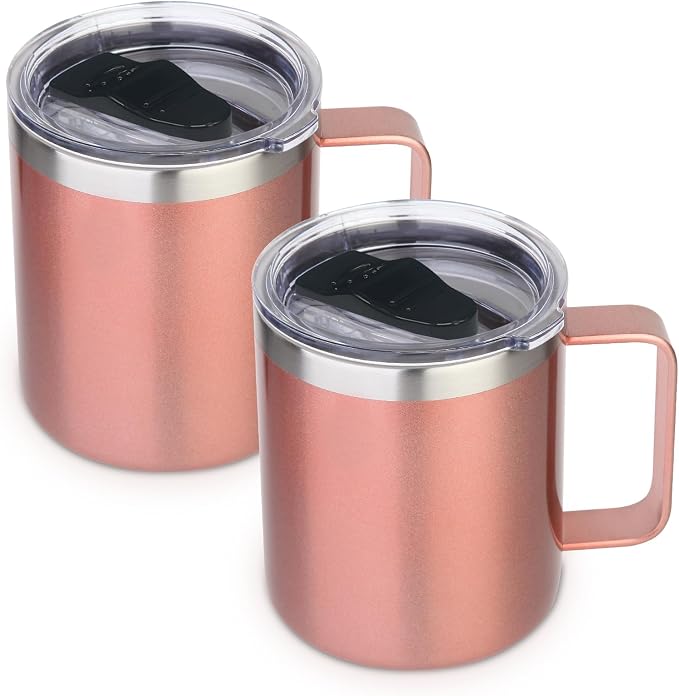 Volhoply 14oz Insulated Stainless Steel Coffee Mug with Lid Bulk 2 Pack,Double Wall Vacuum Travel Coffee Cup with Handle,Reusable Cups Tumbler,Camping Mugs Keep Hot,Ideal Gifts(Rose Gold,2) by LiveFully%EF%BC%8CDrinkFreely%E2%80%94KeepGoingwithVolhoply%EF%BC%81