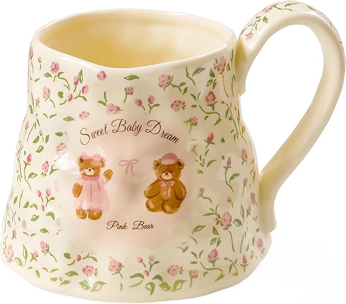 Cute Large Ceramic Coffee Mug Teddy Bear for Women, 20oz Girly Floral Mugs with Big Handle, Oversized Yellow Flower Cups for Birthday by Movlen