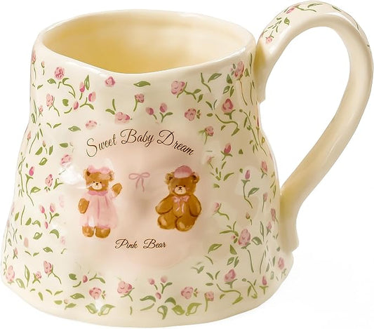 Cute Large Ceramic Coffee Mug Teddy Bear for Women, 20oz Girly Floral Mugs with Big Handle, Oversized Yellow Flower Cups for Birthday by Movlen