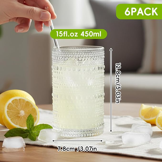 Moretoes Large 15oz Hobnail Drinking Glasses Set of 6 | Glass Cups, Kitchen Drinkware Glassware,Embossed Water Tumbler for Beer,Cocktail,Whiskey,Juice and Various Mixed Drinks - Image 2