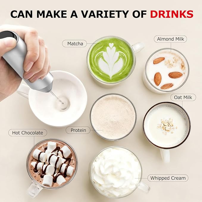Bonsenkitchen Milk Frother with Stand for Coffee, Battery Operated Frother | Fast Handheld Drink Mixer with Stainless Steel Whisk, Powerful Hand Frother, Creates Rich Foam, Silver - Image 5
