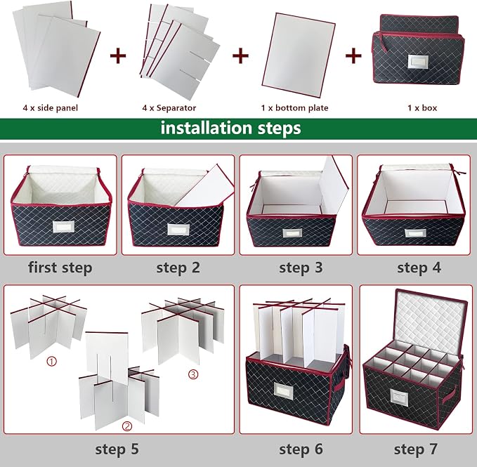 Christmas Stemware Storage Cases with Dividers- Holds 24 Wine Glass Storage or Crystal Glassware Containers, China Storage Containers with 2 Handles and Lable Window -Set of 2 Black - Image 3
