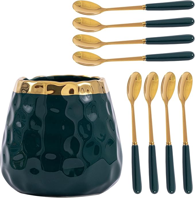 Coffee Spoon Set,Ceramic Jar with 8 Small Spoons for Coffee,Tea,Ice Cream,Cake,Flatware Set (Emerald jar+8 spoons)