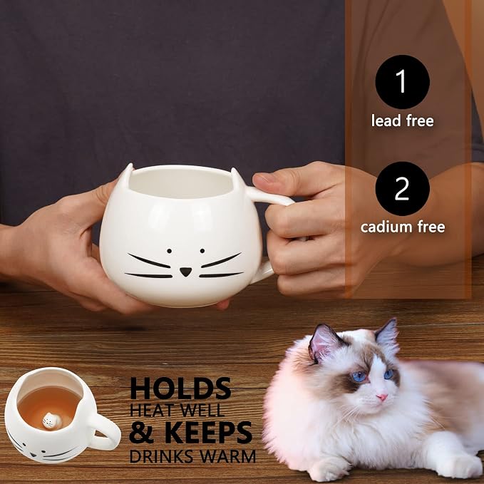 Koolkatkoo Cute Cat Coffee Mug for Cat Lovers Women Girls Ceramic Kitty Water Mugs 12 oz Small Cup White - Image 7
