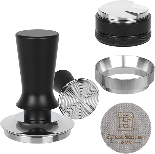 58mm Espresso Tamper Kit - Spring-loaded Coffee Tamper, Adjustable Depth Espresso Distributor Leveler, Magnetic Dosing Funnel Aluminum Metal, Reusable Puck Screen, Fit for 58mm Portafilters