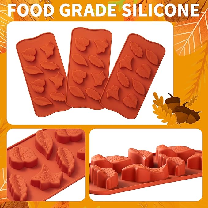 Leaf Silicone Mold 3 Pack Maple Leaf Molds for Chocolate Candy, Ice Cube, Jello, Wax, Autumn Theme Cake Cupcake Decor, Perfect for Thanksgiving, Fall Harvest Party