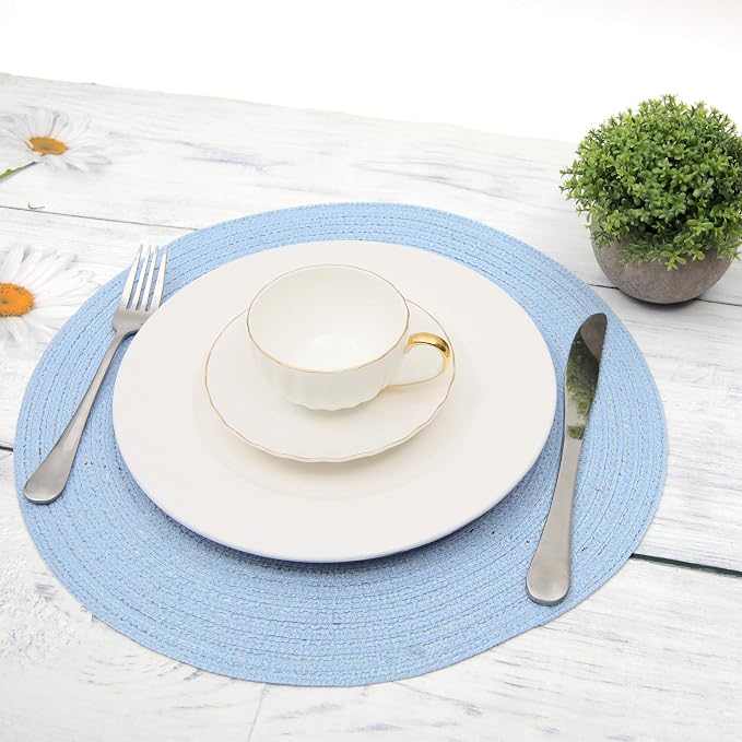SHACOS Round Braided Placemats Set of 4 Washable 15 inch Round Non Slip Table Place Mats for Dining Tables (Light Blue, 4) - Image 3