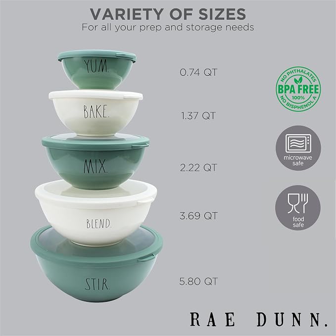 Rae Dunn Mixing Bowls with Lids - 10 Piece Plastic Nesting Bowls Set includes 5 Prep Bowls and 5 Lids (Sage) - Image 5