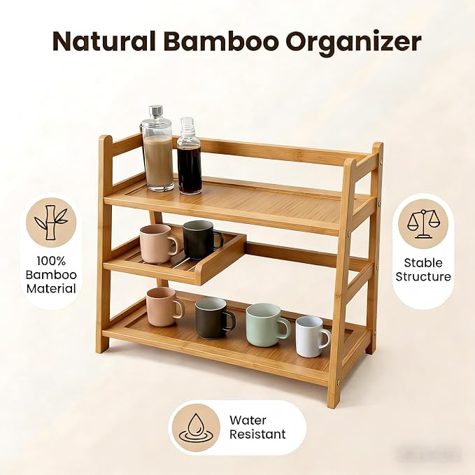 3 Tier Bamboo Matcha Station, coffee station organizer Shelf | for Kitchen Countertop, Tea Bar - Matcha Powder, Tools & Cup Organizer for Matcha Lovers, Home Baristas. - Image 3