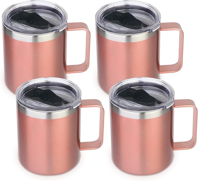 Volhoply 14oz Insulated Stainless Steel Coffee Mug with Lid Bulk 4 Pack,Double Wall Vacuum Travel Coffee Cup with Handle,Reusable Cups Tumbler Cup,Camping Mugs Keep Hot,Ideal Gifts(Rose Gold,4) by LiveFully%EF%BC%8CDrinkFreely%E2%80%94KeepGoingwithVolhoply%EF%BC%81