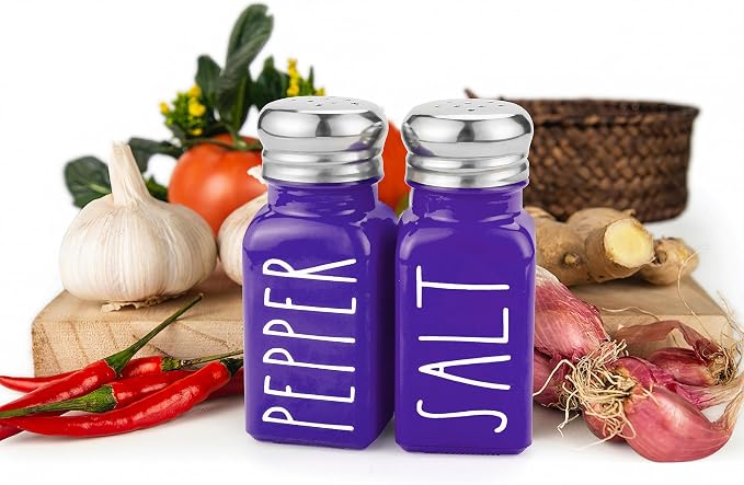 Purple Salt and Pepper Shakers Set by Brighter Barns - Modern Farmhouse Kitchen Decor and Accessories - Cute Salt and Pepper Set - Glass Shakers & Stainless Steel Lids for Home, Restaurants (Purple) - Image 5
