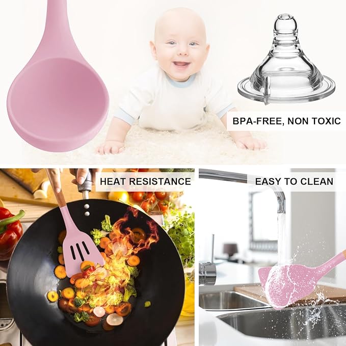 MIBOTE Silicone Cooking Kitchen Utensils Set, Wooden Handle, Pinky | BPA-Free, Non-Toxic Silicone Turner, Tongs, Spatula, Spoon Set – Great for Nonstick Cookware, Heat-Resistant, Easy Clean - Image 3