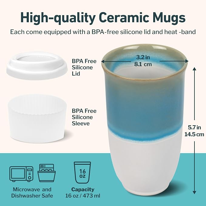 NOVA CERAMICS Travel Coffee Tumbler – Travel Mug - On the Go Coffee Mug – Microwave & Dishwasher Safe Green CoffeeTumbler - Gifts For Women Men Him Her – 16oz – Lagoon - Image 3
