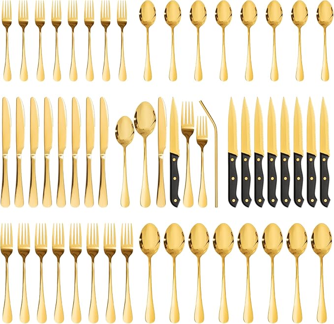 Astercook Silverware Set 48-Piece Gold Flatware Set with Steak Knives Food-Grade Stainless Steel Cutlery Set for 8 Mirror Polished Utensils Set Include Spoons and Forks for Home Kitchen Restaurant by Astercook