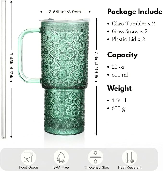 20 oz Green Glass Tumbler with Lid and Straw, Glass Iced Coffee Cups, Spill-proof Glasses Tumbler with Handle, Hobnail Glasses Drinking Set of 2, Vintage Glassware for Cocktail, Smoothies - Image 2