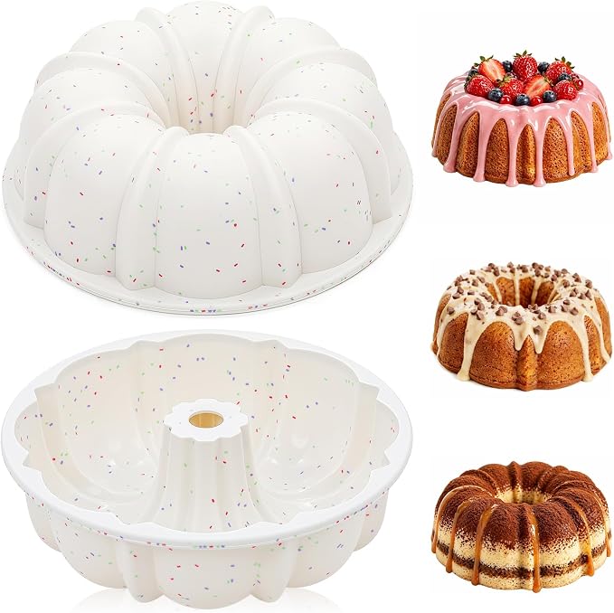 Vinino 9.5 Inch Fluted Tube Cake Pan, 2 Pack with Metal Frame | Bake Family Desserts Easily, Ideal for Cakes, Bread, Jello and Gelatin Treats, Flexible Silicone Design by VININO