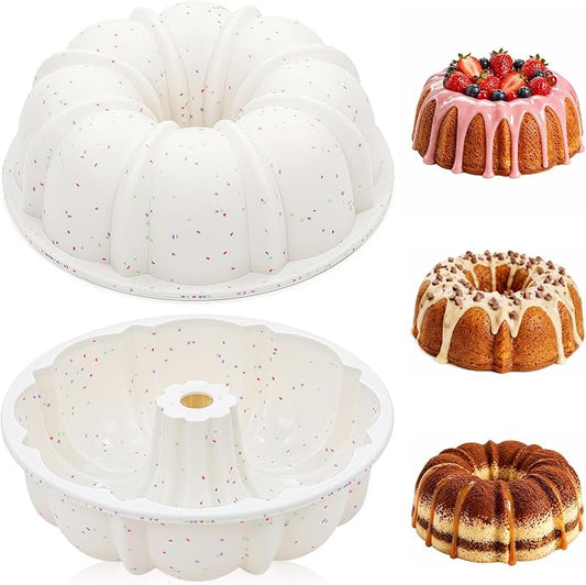 Vinino 9.5 Inch Fluted Tube Cake Pan, 2 Pack with Metal Frame | Bake Family Desserts Easily, Ideal for Cakes, Bread, Jello and Gelatin Treats, Flexible Silicone Design by VININO