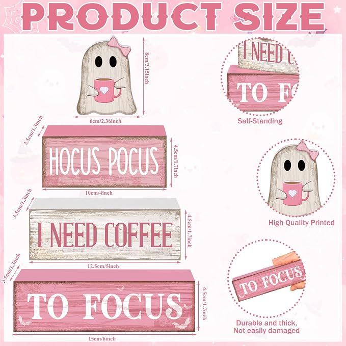 Moucuny 4 Pcs Pink Halloween Table Decorations Coffee Ghost Wooden Stacked Block Decor, "Hocus Pocus I Need Coffee to Focus" Signs, Cute Rustic Halloween Tiered Tray Decor for Home Kitchen Office Bar - Image 3