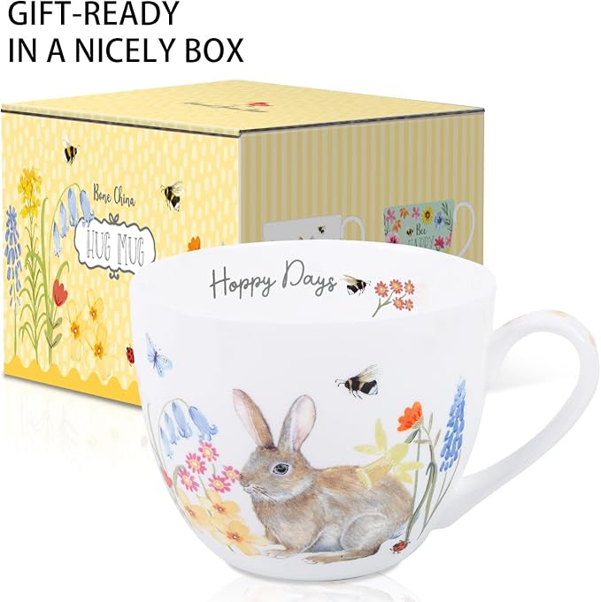 20 oz Bunny Coffee Mug with Spring Flowers & Happy Days Slogan, Premium Bone China Rabbit Coffee Cup, Cute Garden Gift for Women, Family&Friends, Designed in England by Harvest Green Studio - Image 3