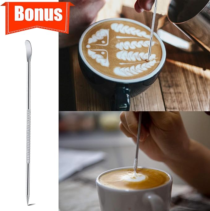 Milk Frothing Pitcher, 12oz Espresso Steaming Pitchers Stainless Steel Milk Coffee Cappuccino Barista Steam Pitchers Milk Jug Cup with Decorating Pen Latte Art, Matte White