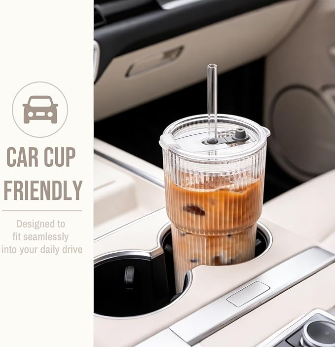 SoulTimes 20oz Ribbed Glass Tumbler with bamboo Lid and Straw – Iced Coffee Glasses Cups for Smoothie, Matcha, Juice, Water etc. Leakproof and Reusable Glassware Drinking for Travel To Go 【4 Pack】 - Image 7
