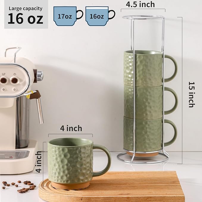Nihow 16 Oz Ceramic Coffee Mug Set of 4 with Stackable Stand,Matte Green | Stackable, Stainless Stand Included, Cappuccino & Tea, Hot/Cold Drinks, Dishwasher & Microwave Safe - Image 2