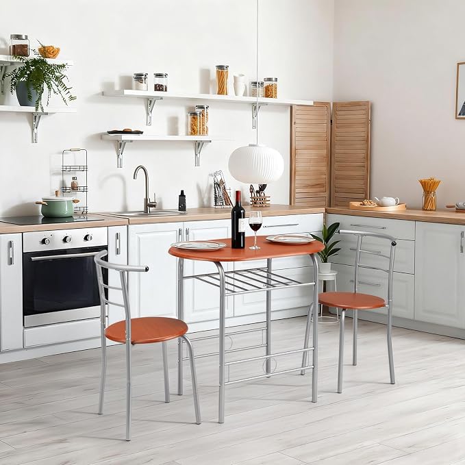 VINGLI 3 Piece Dining Set, Small Kitchen Table Set for 2, Breakfast Table Set, Kitchen Wooden Table with 2 Chairs for Small Space/Dining Room/Apartment, Metal Frame, Wine Rack, Russet - Image 2