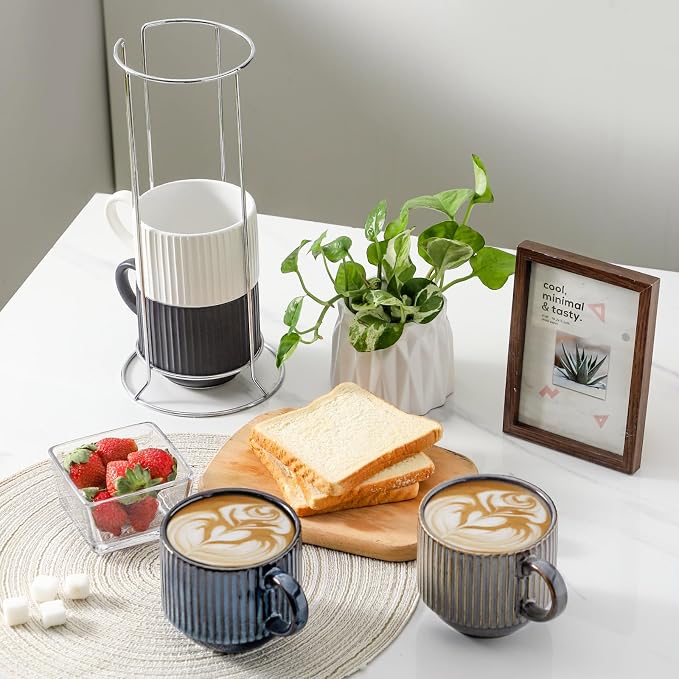 Hasense Coffee Mug Set of 4 with Holder - 15 oz Stackable Large Ceramic Ribbed Latte Cup Set for Cappuccino, Tea, Hot Cocoa, Drinks - Dishwasher & Microwave Safe Multi color - Image 2