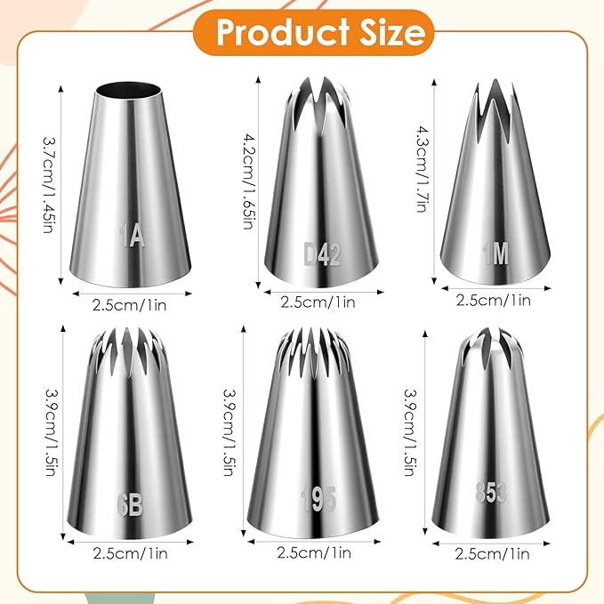 6Pcs Large Piping Tips Set, Stainless Steel Cake Decorating Tips, Piping Nozzles Decorating Tip Frosting Icing Tip For Buttercream, Icing, Birthday Cake and Decorating(1M，6B，195，853，1A，D42)