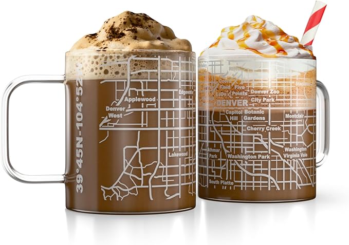 Greenline Goods – Denver, CO Map Glass Coffee Mugs (Set of 2), 16 oz – Etched Wrap Design